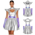 thumbnail image 5 of iiniim Womens Metallic Shiny Space Suit Flight Skater Dress with Gloves Outfit Alien Robot Silver S, 5 of 7