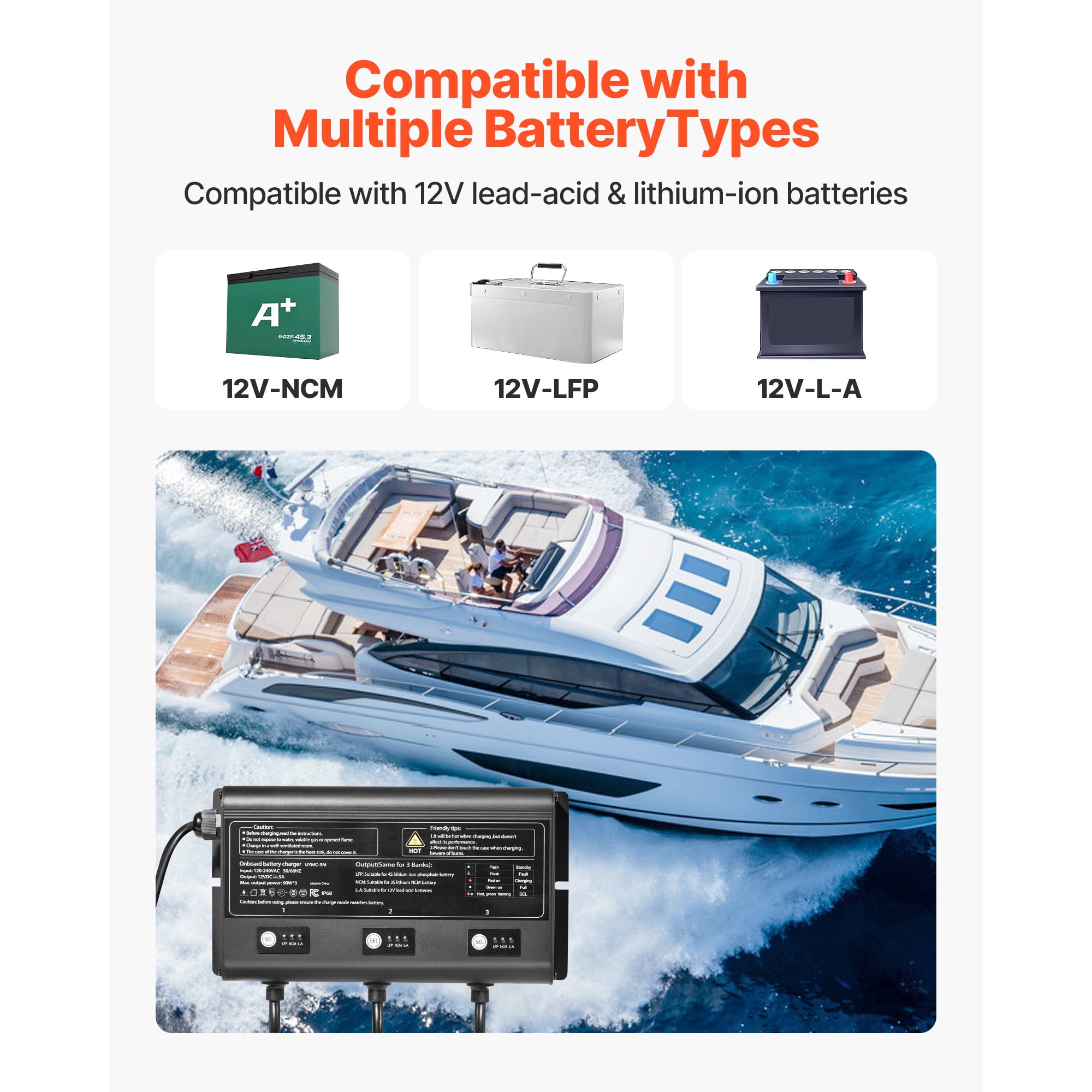 KFFKFF Marine Battery Charger, 3-Bank, 5A 12V Onboard Charger, IP68 Waterproof Smart Charger, Compatible with Lithium-Ion (LiFePO4), NCM, and Lead-Acid Batteries for Boats, Yachts, RVs, and Trailers