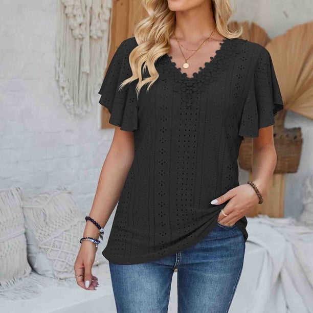 Fiudx Ofertas y Liquidaciones Camiseta Holgada Informal con Cuello En V y Manga de Retales de Color Sólido para Mujer