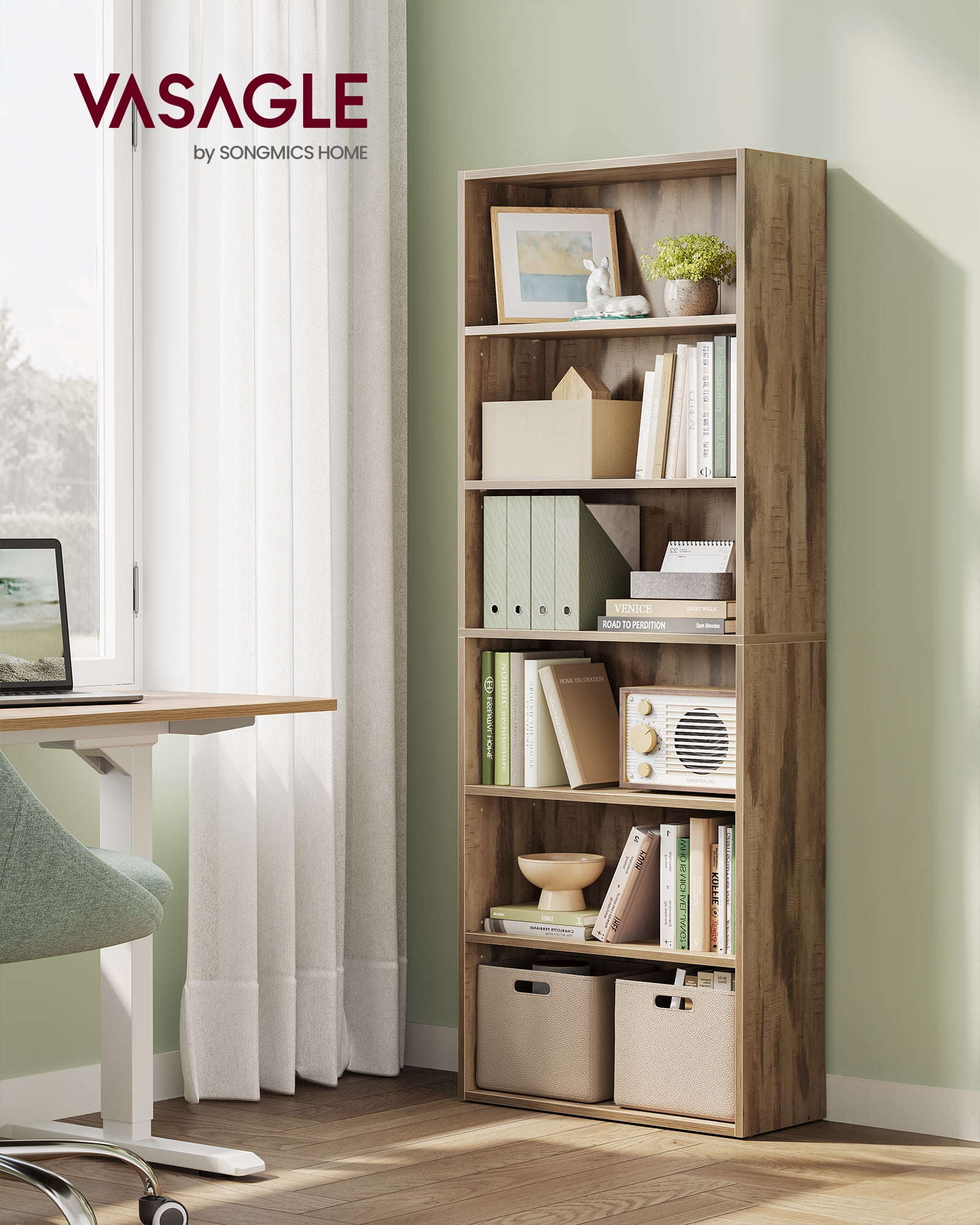 6-Tier Adjustable Bookcase, Open Storage Shelf, 9.4" D x 23.6" W x 63.3" H, for Living Room, Office, Dinning Room, Space-Saving Design