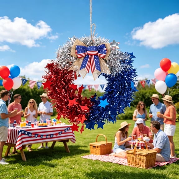 erdimoy 11" Patriotic Tinsel Wreath, Red White Blue Star Wreath with Bow for 4th of July Front Door Decor