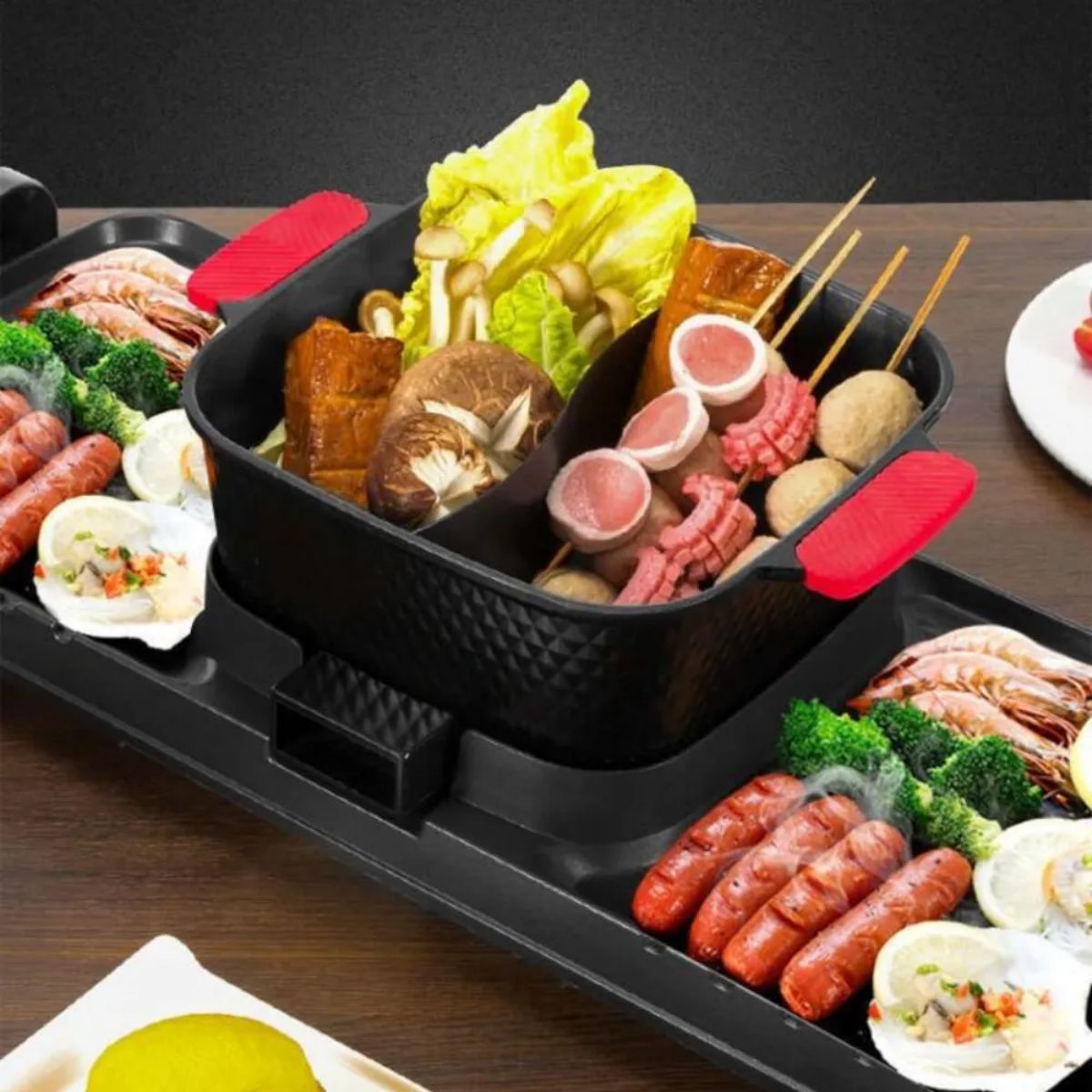 WSYW 2 in 1 Electric Grill Hot Pot Non-Stick Grill Pan Indoor Non-Stick Pan 1700W for 1-8 People