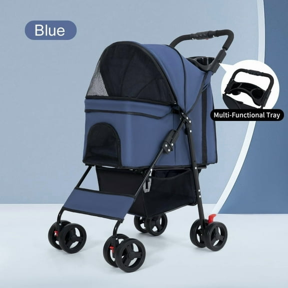 Foldable Pet Stroller With Weather Cover Storage Basket Cup Holder And Breathable Mesh BLUE