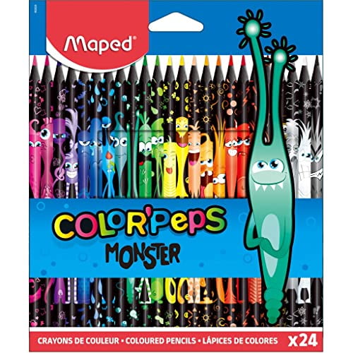 Maped Color'Peps Monster-24 Crayons de Coloriage Amusants et Originaux - Couleurs Vives et Plomb Fort - Lot de 24 Crayons Décorés de Monstres en Résine, 862624