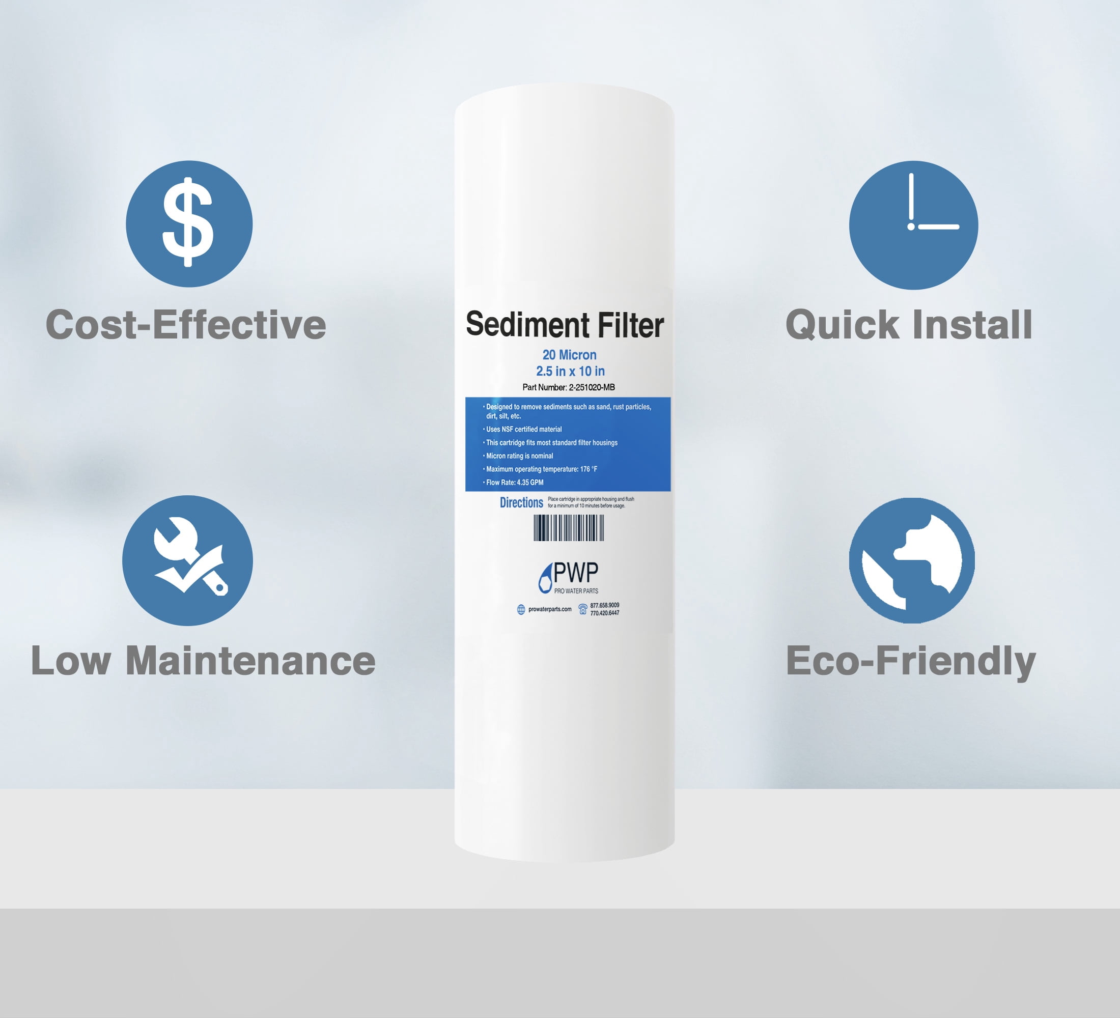 Sediment Melt Blown Water Filter Cartridge Standard 2.5x10" 20 Micron 50 Pack