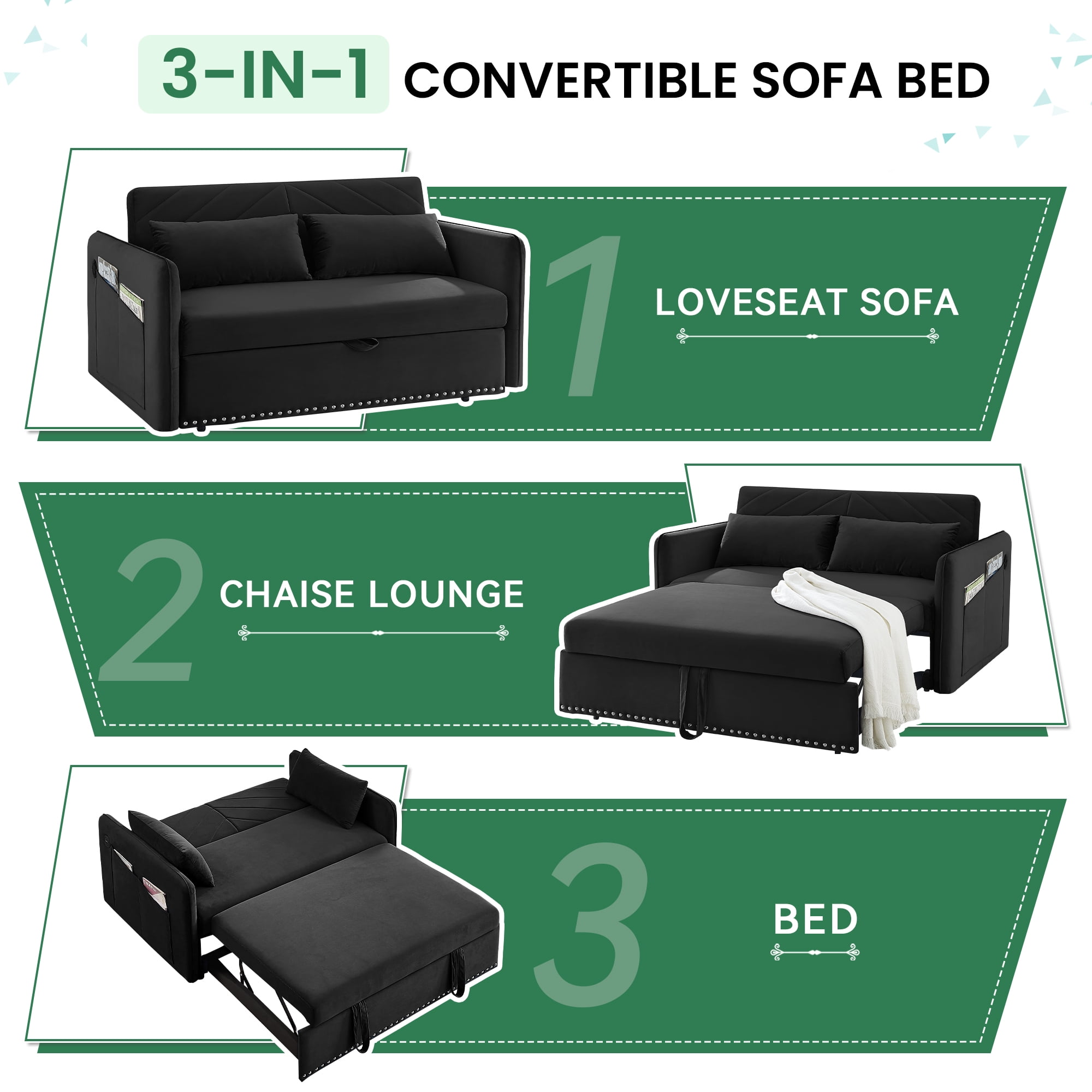 Dinosisco Convertible Sleeper Loveseat with USB, 55" Velvet Futon Sofa Bed, Black
