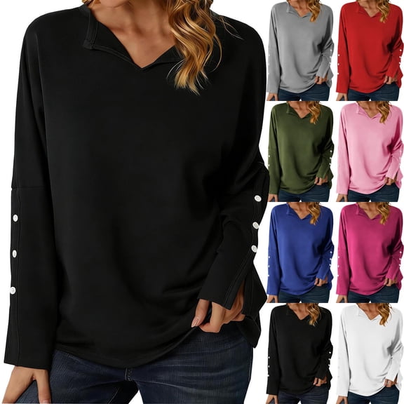 jobturf Womens Tops Dressy Casual V Neck Buttons Side Slit Long Sleeve Shirts Spring Fashion Pullover Business Office Work Blouses Teacher Clothes