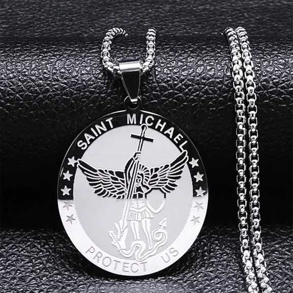 Archangel Saint Michael Medal Necklace for Women Men 14K White Gold Chain Protection Gift Jewelry Amulet colar masculino