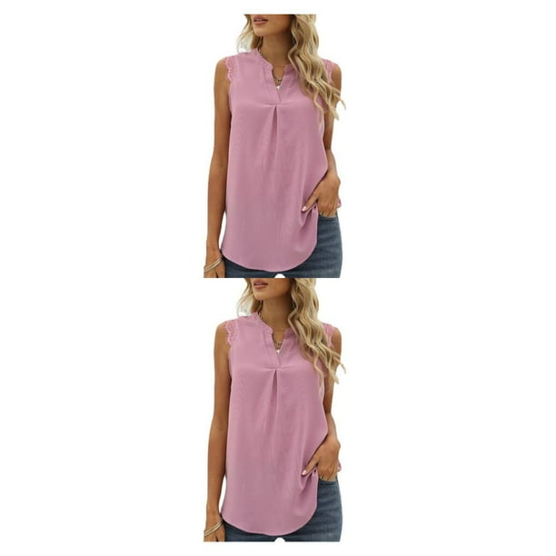 Sonducket Blusa sin mangas para mujer, blusa holgada de encaje suave, camiseta sin mangas para oficina, chaleco para mujer, Top Sexy de verano Rosado S 2piezas