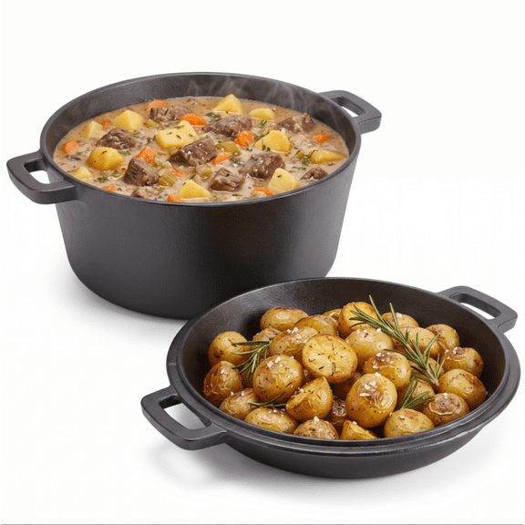5.5QT Pre-Seasoned Cast Iron Dutch Oven with Lid, Ideal for Bread Baking, Sourdough, Frying, BBQ & Camping - Dual Handles, Skillet Pan Set for Indoor & Outdoor Use
