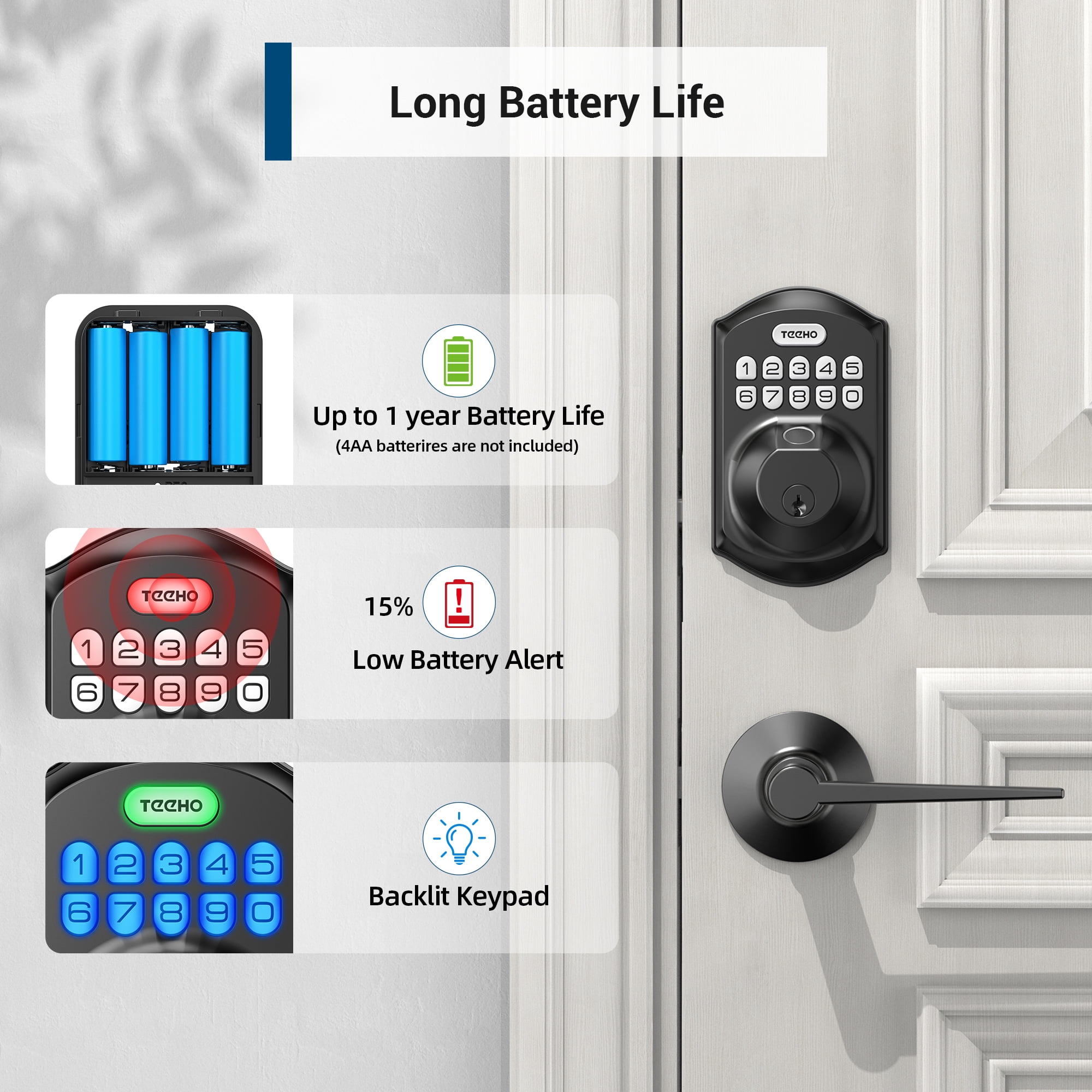 TEEHO Fingerprint Keyless Entry Door Lock with 2 Handles, Security Keypad Deadbolt Lock, Electronic Smart Door Locks, Auto Lock, Easy Installation- Matte Black