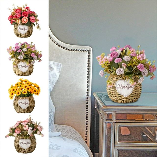 Cesta de Flores de Lona con Flores Artificiales (Amarillo, Rosa, Morado y Rojo) de 22 X 15 X 15 Cm. Ideal para Decorar El Hogar, Bodas, Fiestas, Día de La Madre, Pascua y San Valentín.