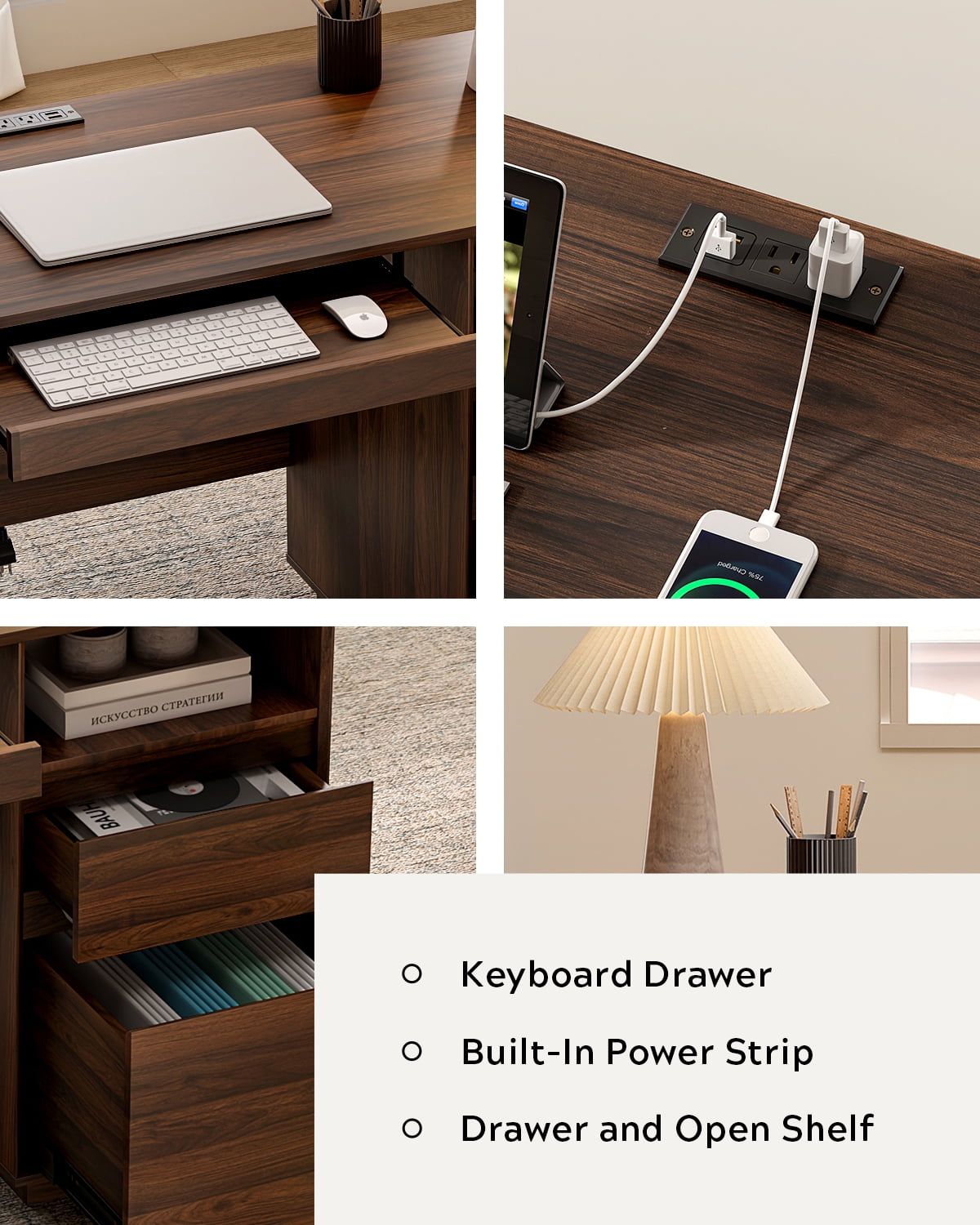 Joyyskill Farmhouse Executive Desk with File Drawer 59" Large Computer Desk Home Office Desk with Charging Station, Keyboard Tray, Storage Cabinet Modern Workspace for Study, Brown