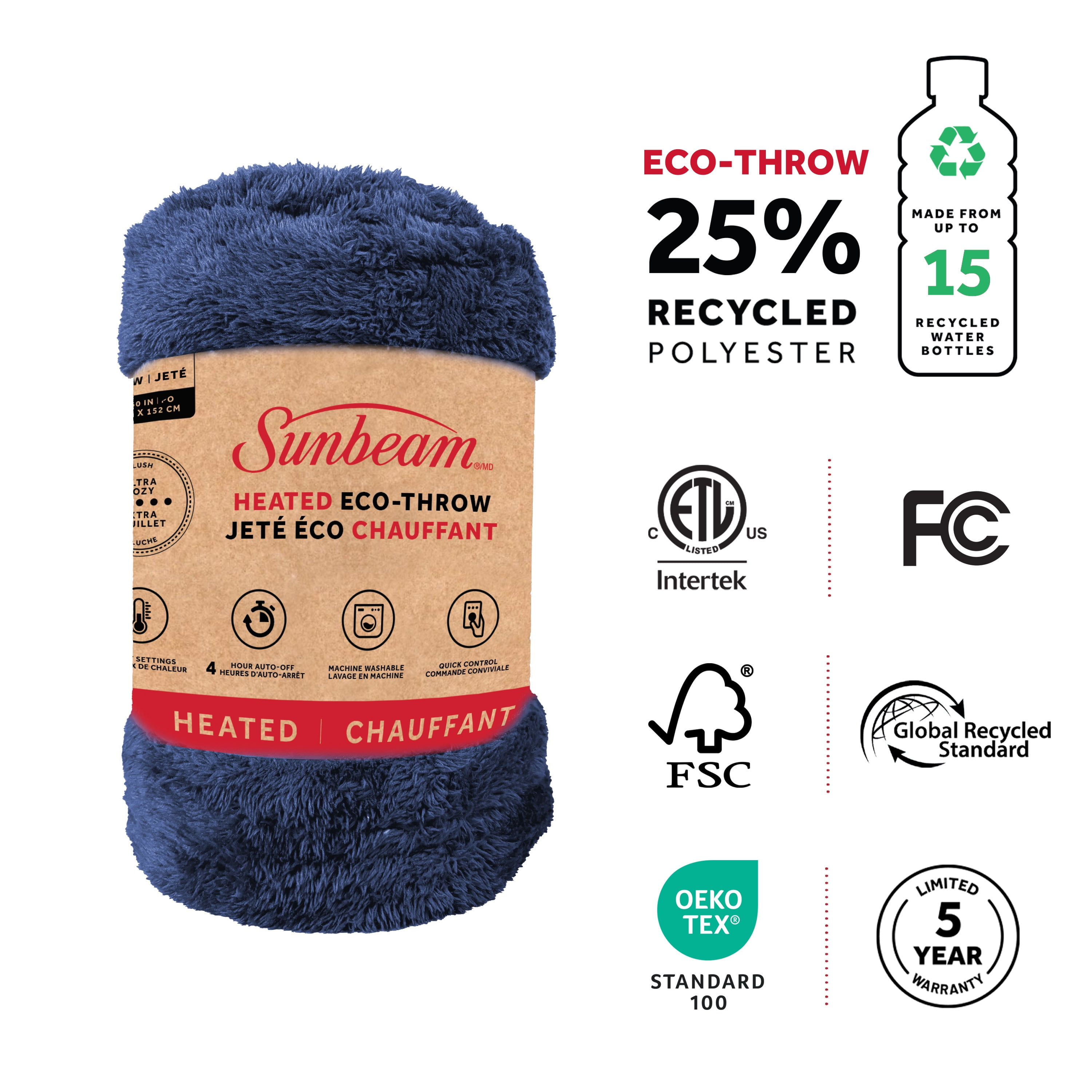 Couverture chauffante électrique Sunbeam Arctic Plush Eco, 4 réglages de chaleur, arrêt automatique