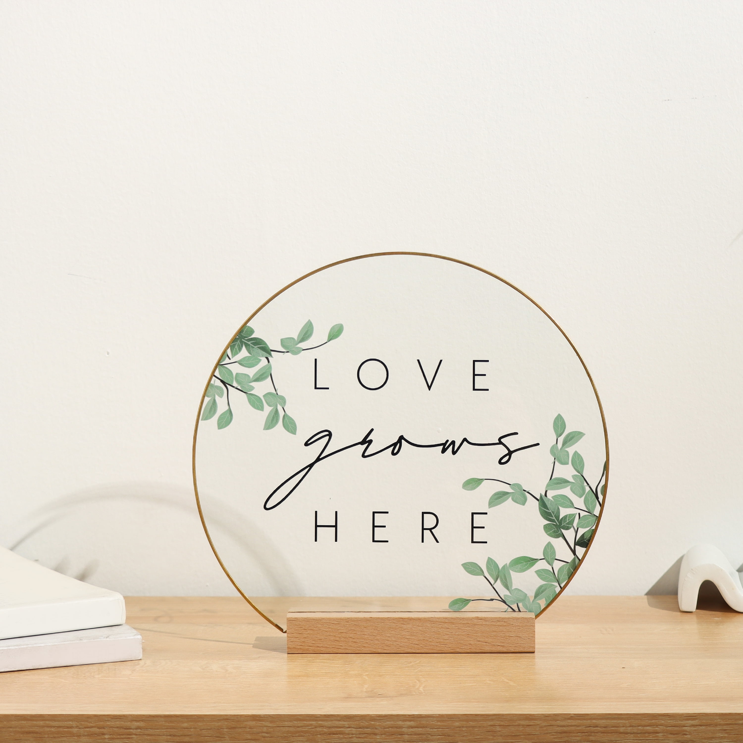 Inspirational "Love Grows Here" Translucent Tabletop Plaque with Solid Wood Base Stand