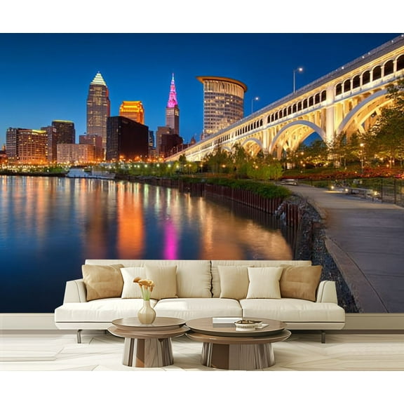 Peel and Stick Wallpaper Waterproof Night time photo downtown Clevelands skyline Wall Mural Decor Self Adhesive and Removable 69in x 98in