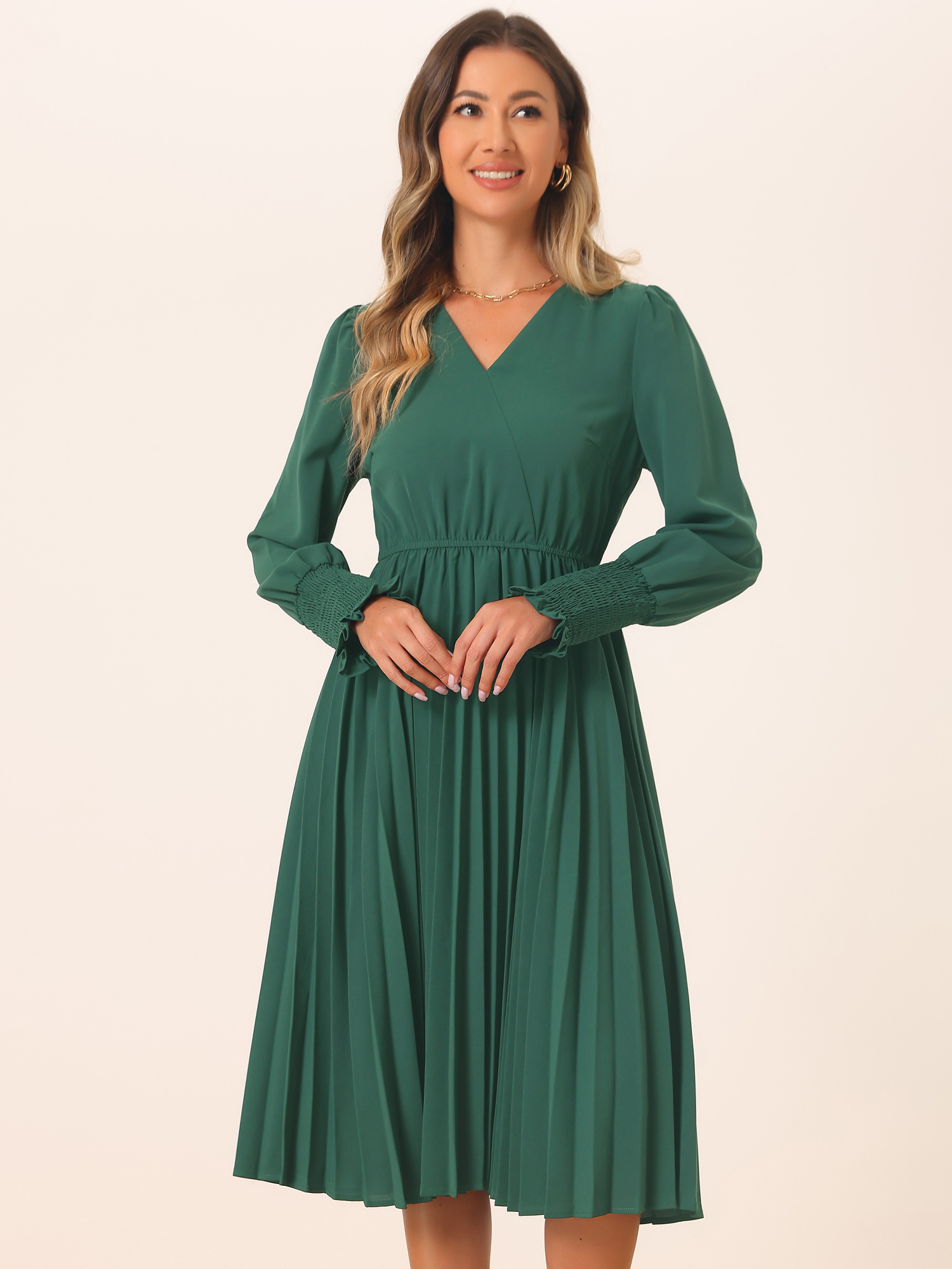 DARING DIVA Casual Chiffon A-Line Midi Pleated Dress M Dark Green