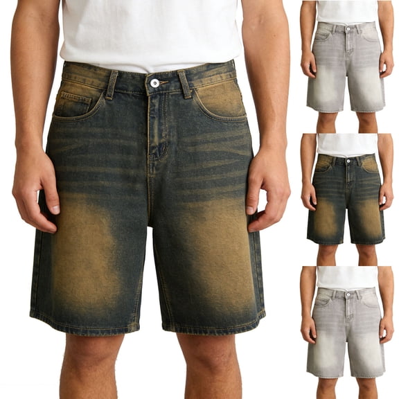 BRGZLK Baggy Jean Short Pants Men Y2K with Pockets Casual Loose Denim Shorts Grey Loose Fit Vintage Streetwear Summer Five Quarter Pants
