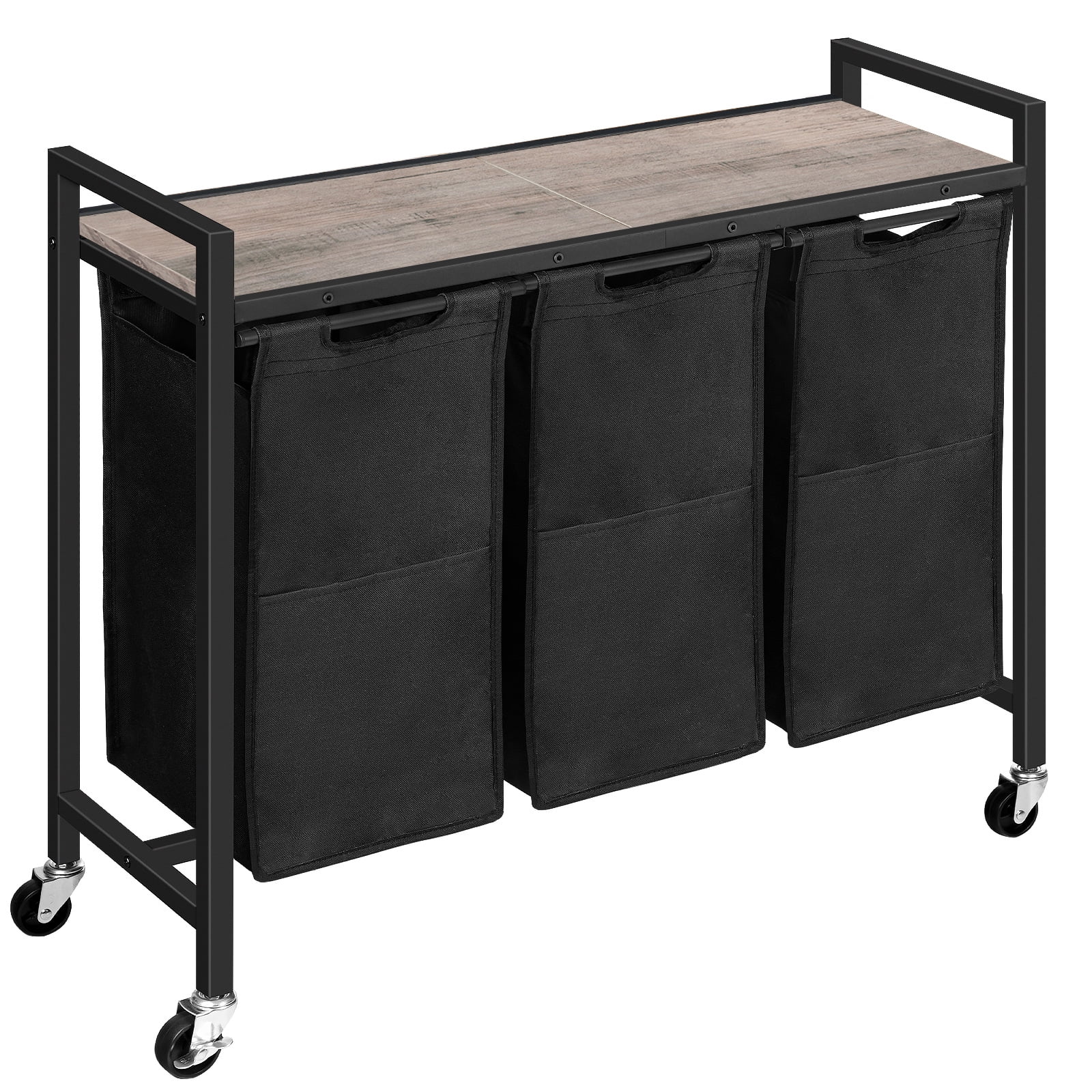 HOOBRO 3-Section Laundry Sorter with Wheels, 3 x 11.5 Gal, Removable Bags, Greige and Black