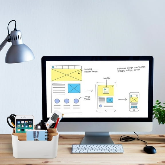 IMIKEYA Desk Storage Box White with 5 Compartments and Detachable Pen Holder for Desktop