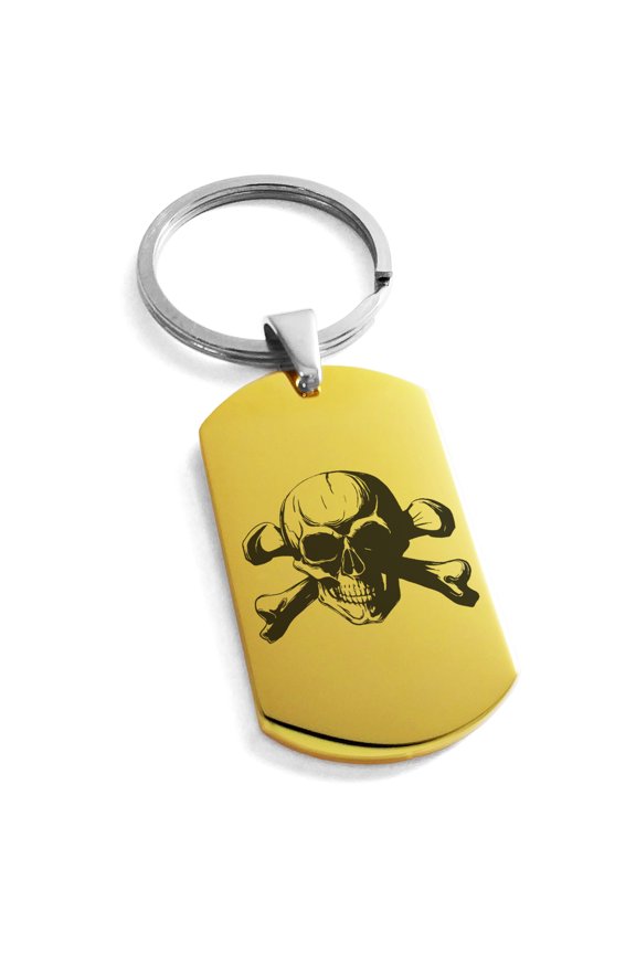 Stainless Steel Iconic Pirate Crossbones Skull Engraved Dog Tag Keychain Keyring