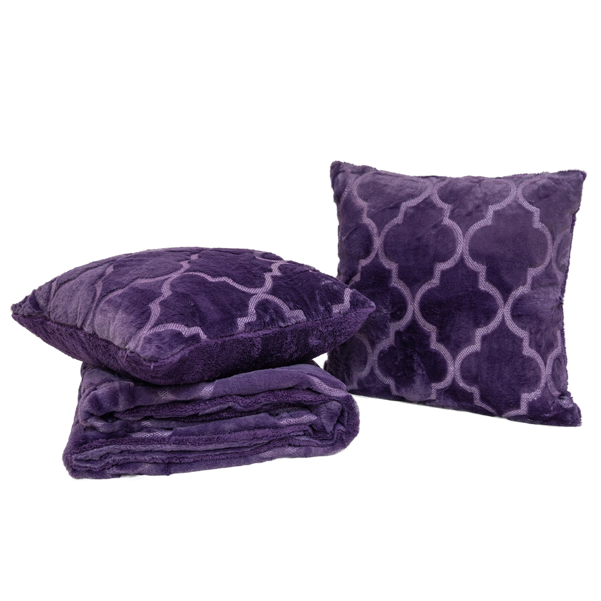 Home Soft Things Ogee Tatami Faux Fur Throw & Pillow Cover Combo Set - Blackberry - 50" x 60"/18" x 18"