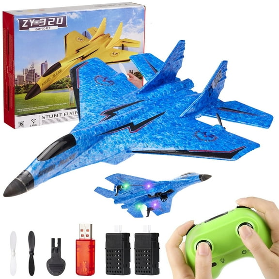 Zacro RC Plane for Kids, 2.4Ghz Remote Control Airplane Toy with Colorful LED Lights, Foam RC Plane Ready to Fly Toy for Kids Adult Beginner, Blue