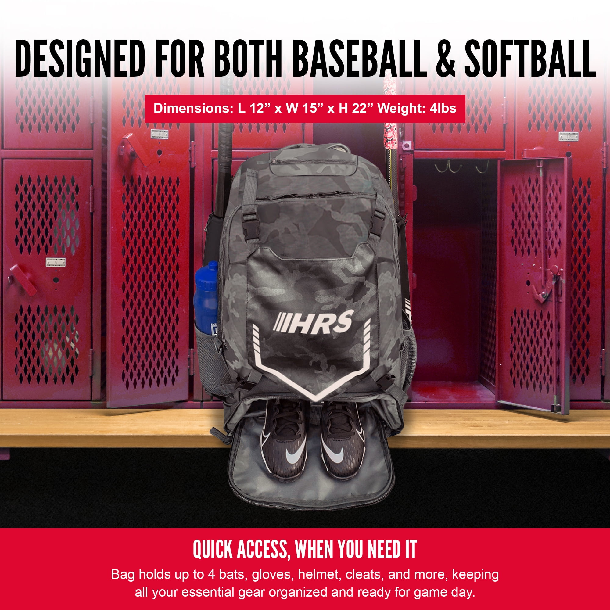 Hit Run Steal Bat Bag Backpack, Holds 4 Bats, Glove, and Helmet, Gray Camo