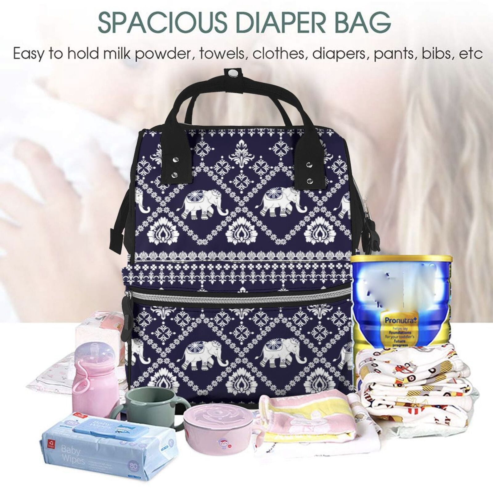 Fuzoiu elephants Print Diaper Bag Backpack,Baby Essentials Travel Tote,Multi function Waterproof Diaper Bag, Travel Essentials Baby Bag - Unisex