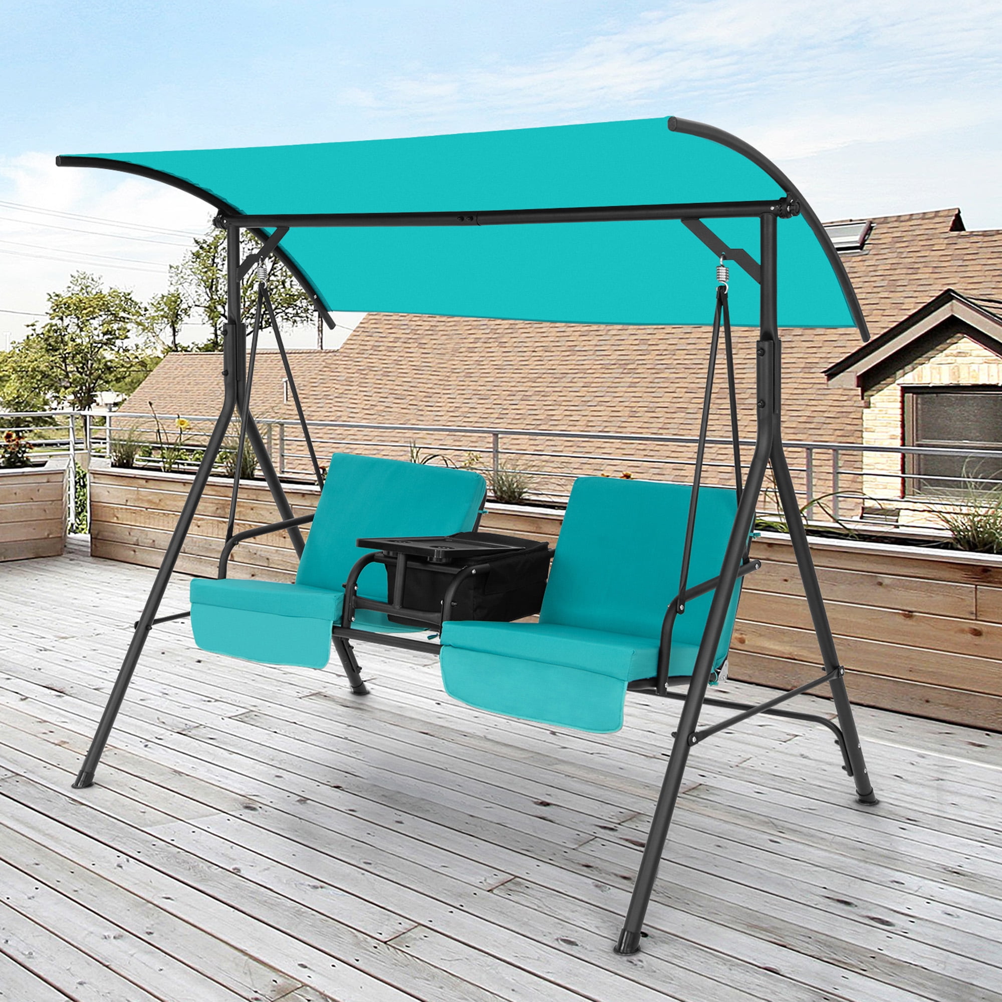 Gymax 2Person Porch Swing Canopy Rotatable Tray Padded Chair Turquoise
