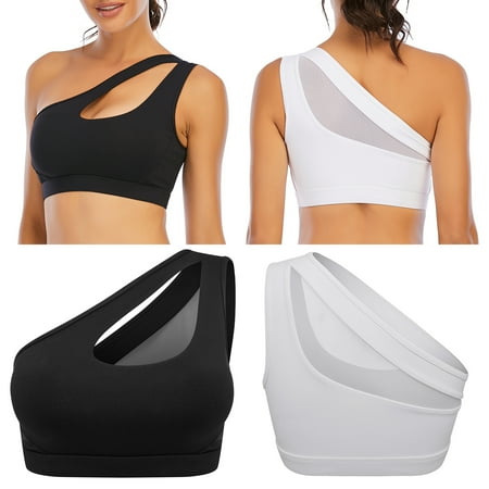 

One Shoulder Sports Bra for Women Workout Running Bra Removable Padded Sports Bra with Hollow Out Black XL