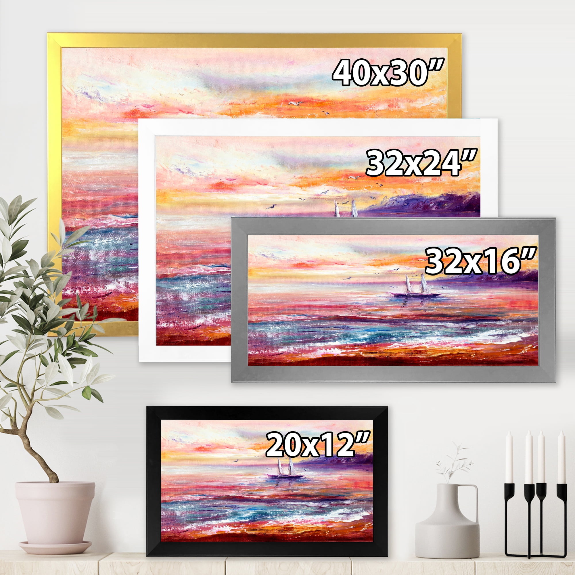Boat On The Ocean During Vibrant Sunset Glow 40 in x 30 in Framed Painting Canvas Art Print, by Designart