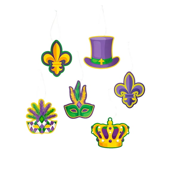 Mardi Gras Purple, Green & Yellow Hanging Decorations - 6 Pieces