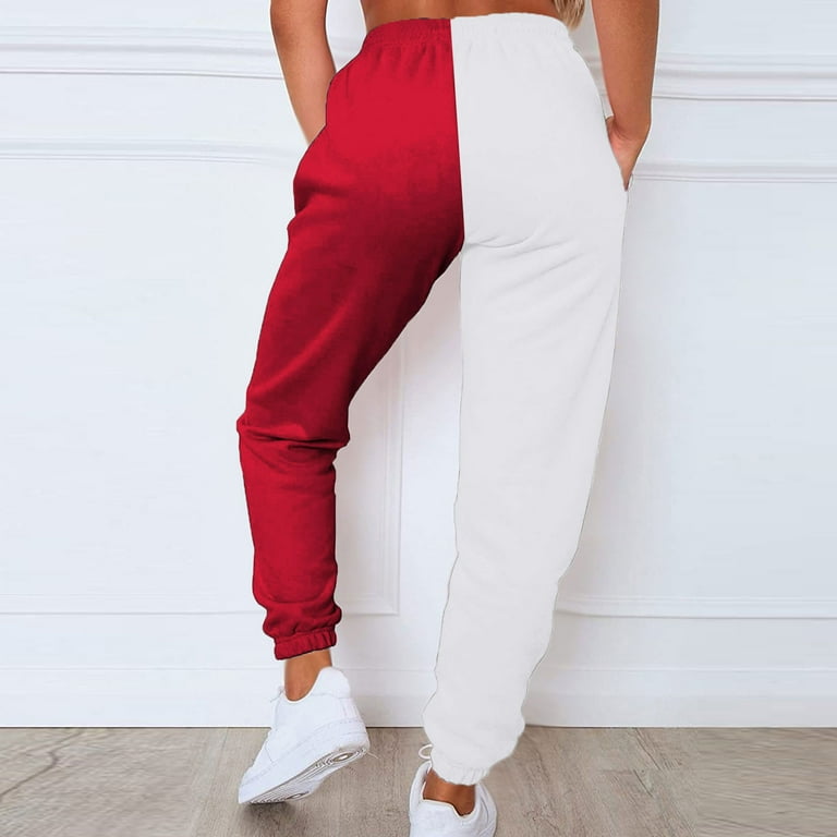 XFLWAM Women s Elastic High Waist Drawstring Joggers Pants Color Block Baggy Sweatpants with Pockets Gym Running Pants Red M Walmart