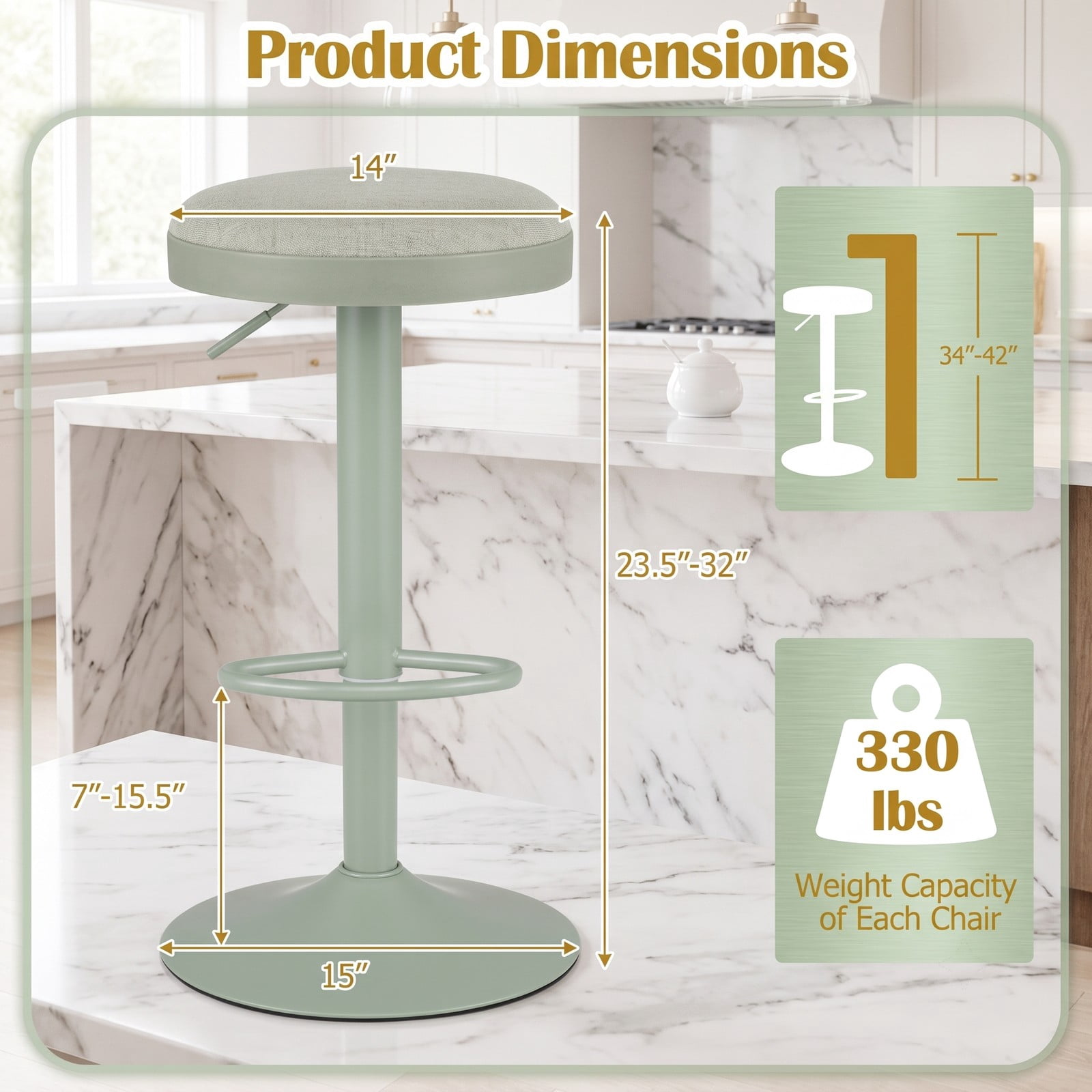 Furnibear Set of 2 Swivel Bar Stools, Height Adjustable Counter Stools with Cushioned Fabric Seat, D-Shaped Footrest and Rubber-Ring Base for Kitchen Island, Green