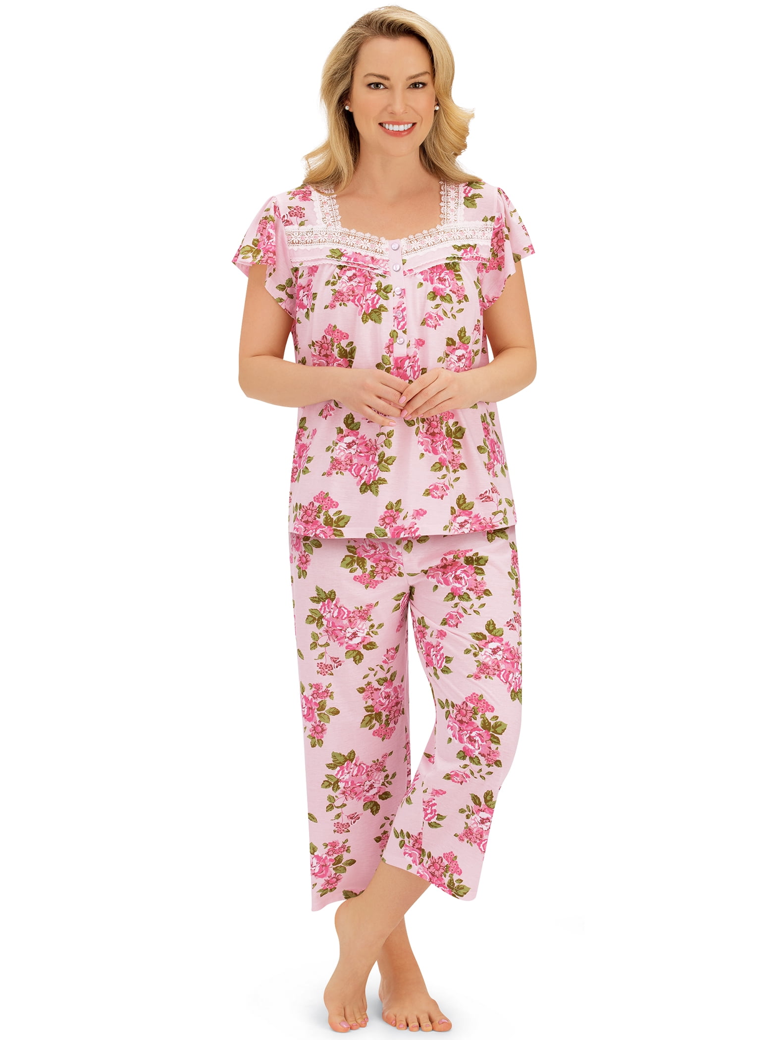 Collections Etc. Stylish Ribbon and Lace Trim Capri Pajama Set