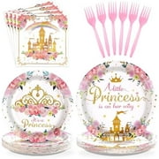 96Pcs Princess Party Supplies: Castle Theme Plates/Napkins, "A Little Princess is on Her Way" Tableware for Fairytale Parties.
