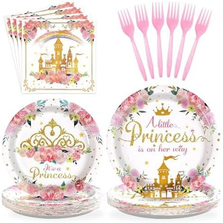96Pcs Princess Party Supplies: Castle Theme Plates/Napkins, "A Little Princess is on Her Way" Tableware for Fairytale Parties.