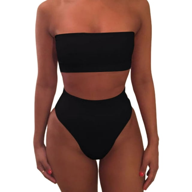 CNKOO 2 Pcs/Set Bikini Set Solid Color Elastic High Waist Strapless Summer Lady Swimsuit for Swimming