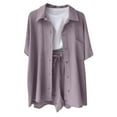 thumbnail image 6 of WAYUTE Shorts Sets Women 2 Piece Outfits Solid Color Short Sleeve Button Shirt and Casual Shorts Comfortable Casual Travel Summer Outfit, 6 of 6
