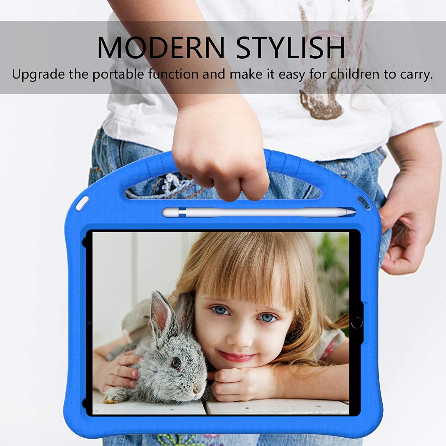 SaniMore Kids Case for iPad 10.2 2021/2020/2019, iPad 9th/8th/7th Generation Case with Pencil Holder & Screen Protector, Shock Proof Light Weight Convertible Handle Stand Kids Shell Case, Blue