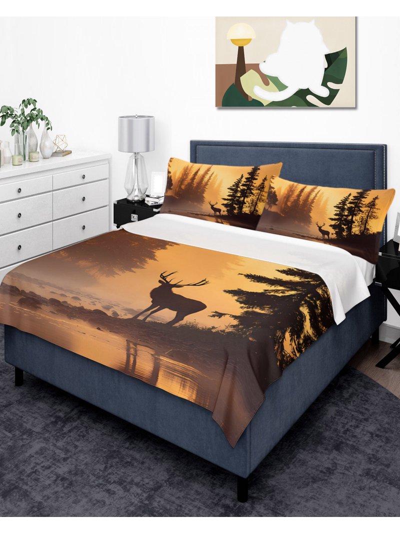 Flat Sheet Bed Sheets, Deer Pine Trees Golden Light Soft Top Sheet ...