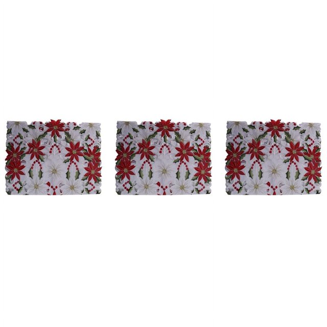 3X Christmas Embroidered Table Runner, Luxury Holly Poinsettia Table Runner for Christmas Decorations, 15 x 70 Inch