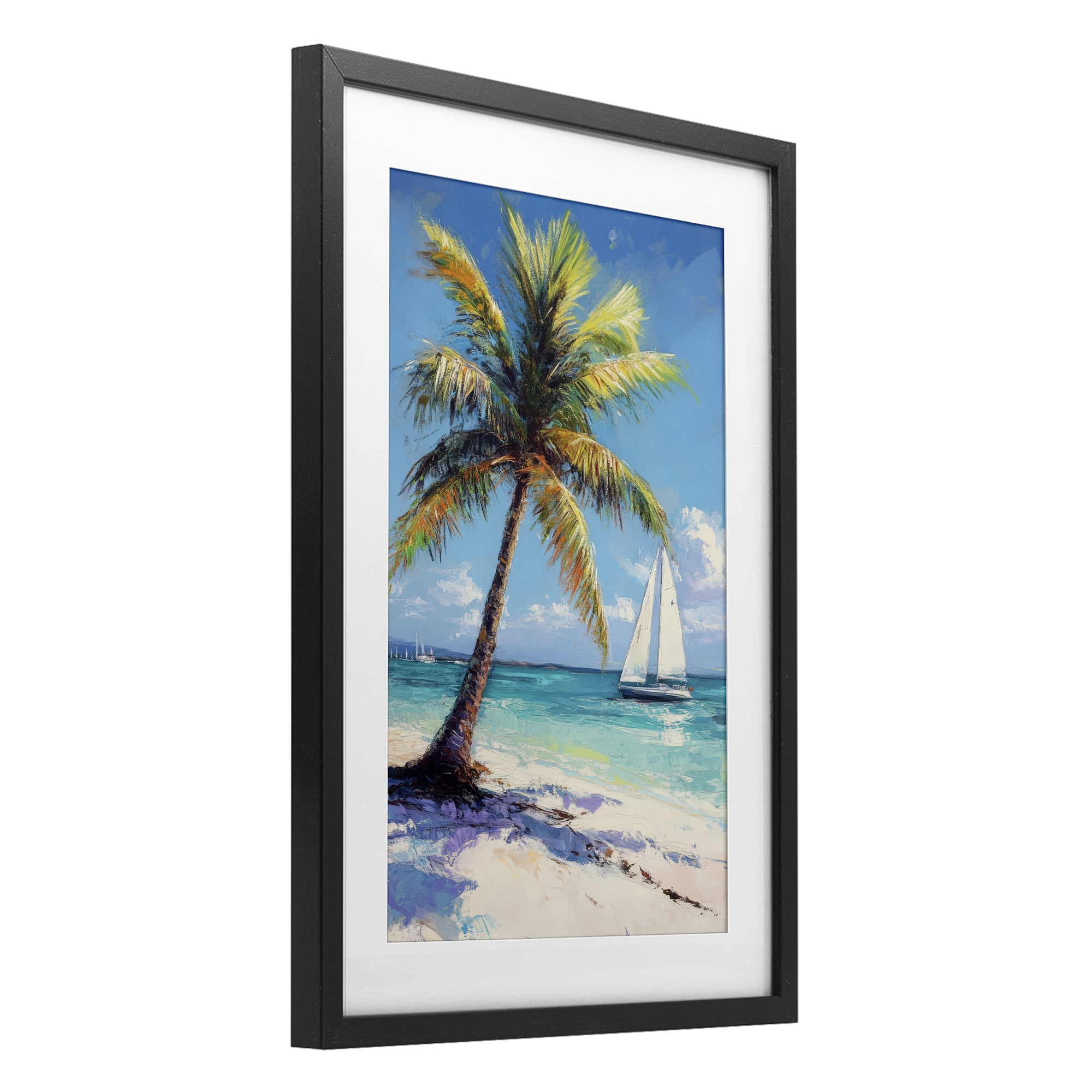 Stupell Industries Palms & Sails Beach View Black Framed Print Under Glass, design by Petal Prints Design