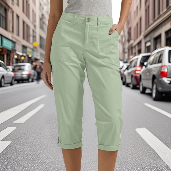 Fglymey Women's Cargo Capris Tab Roll Cuff with Zip Front and Elastic Waist Standard Army Green M