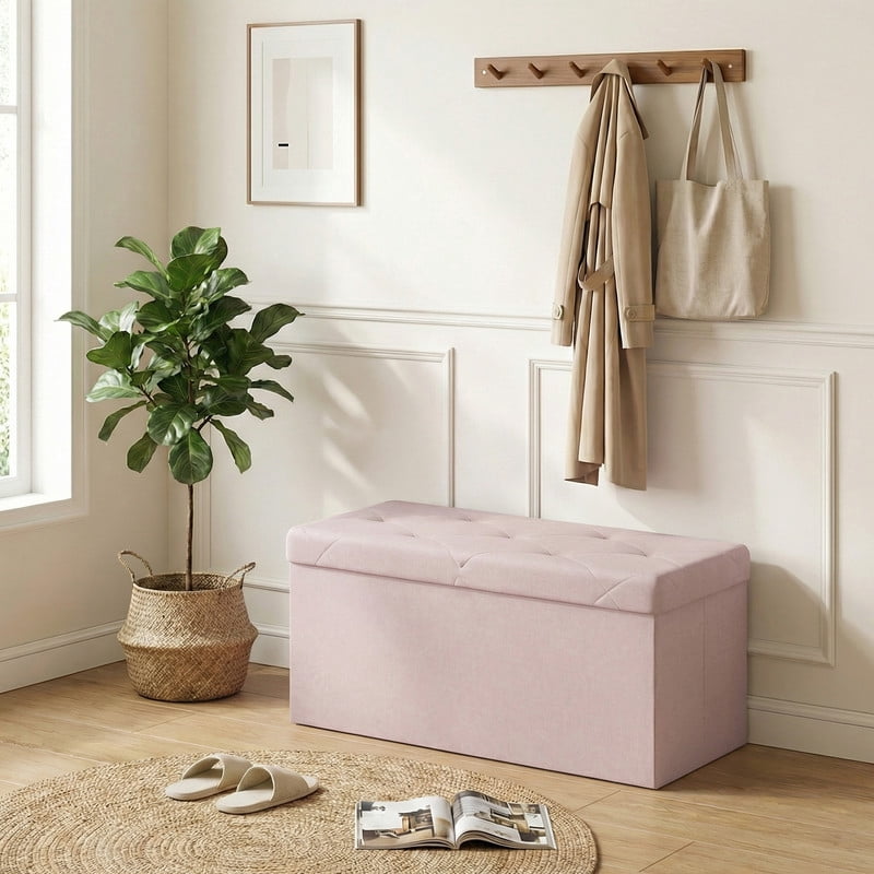 Gianna 30 Inch Folding Ottoman With Storage Bench, Bedside Storage Bench With Linen Top Cover and Cushion, Footrest Suitable for Bedroom, Living Room, Pink