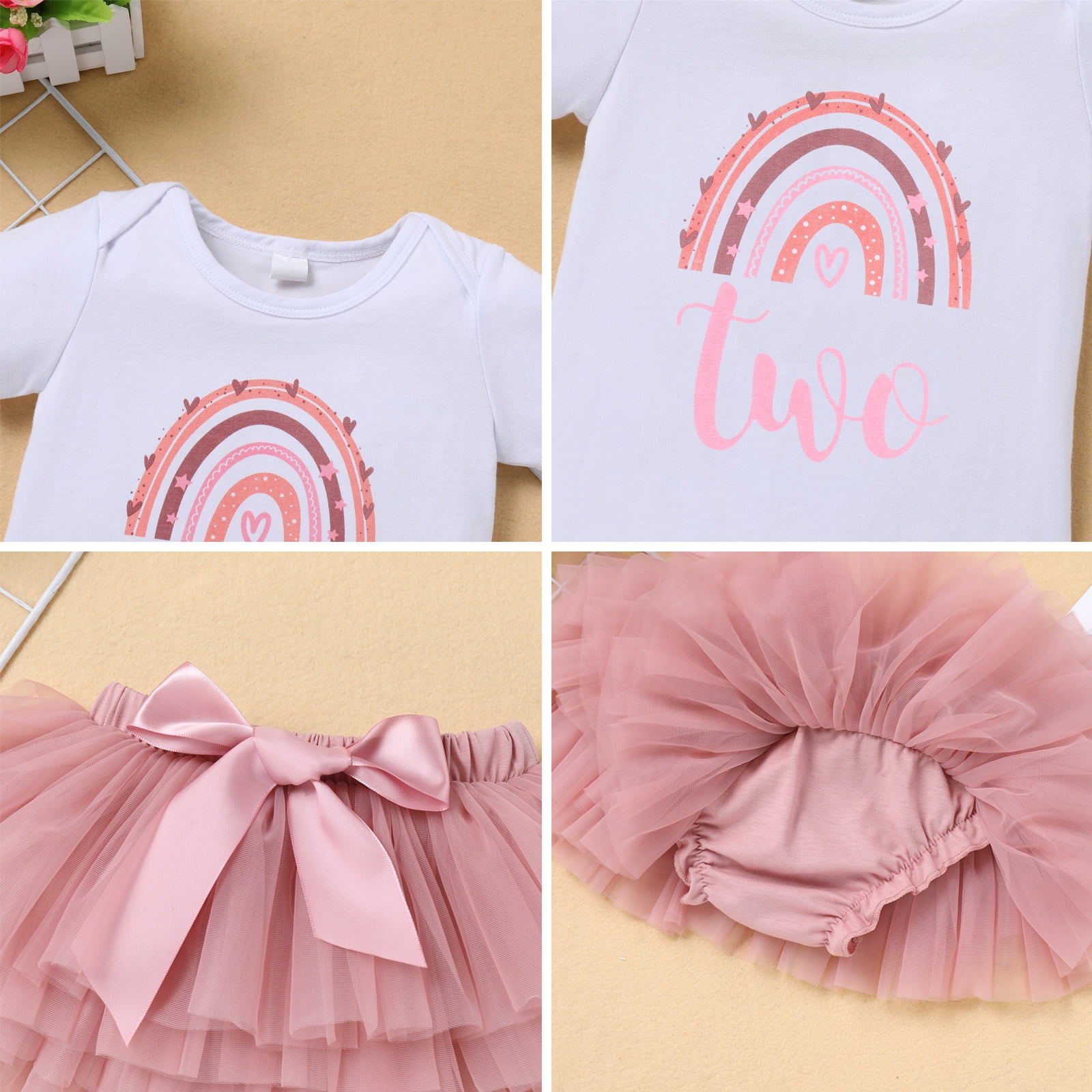 IBTOM CASTLE Toddler Baby Girls First Birthday Outfit Rainbow Boho Bohemian Romper+Tutu Skirt+Crown Cake Smash Clothes Set for Photo Shoot 2 Years Dusty Pink+Flower