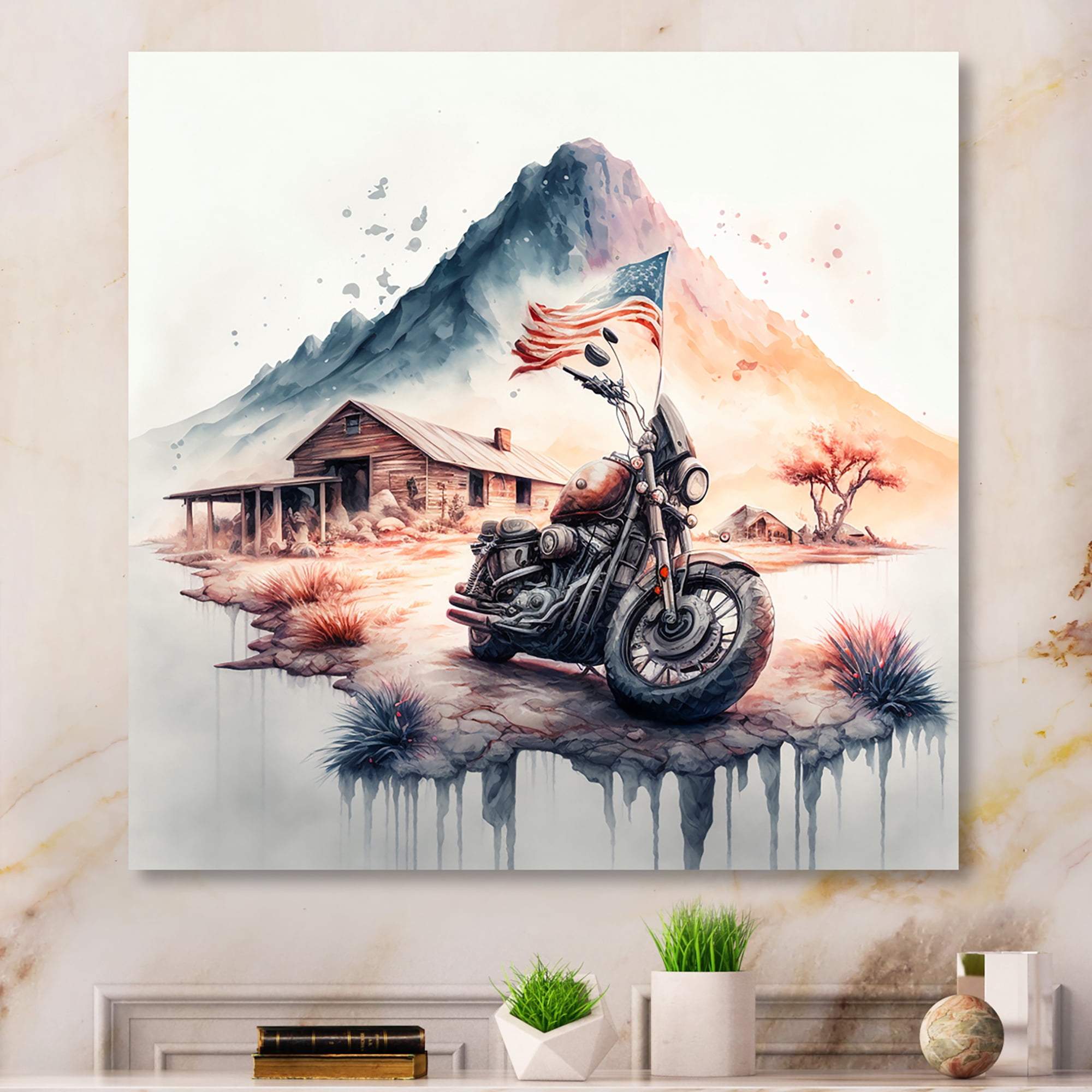 Designart Motorcycle Parked At The Cabin III Canvas Wall Art