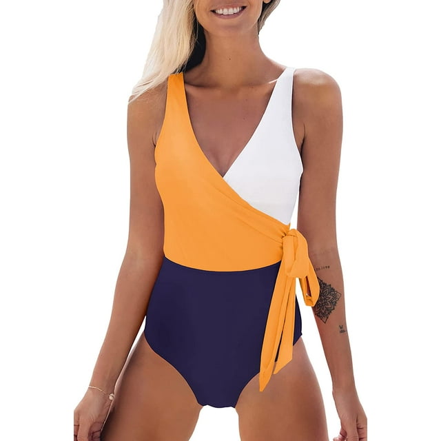 Women's One Piece Swimsuit Wrap Color Block Tie Side Bathing Suit, Orange White XL