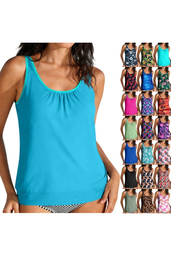 Women's Blouson Tankini Tops Tummy Control Adjustable Strap Swim Tank Top with Built in Bra Lightweight Quick Dry Tankinis Top for Beach Vacation